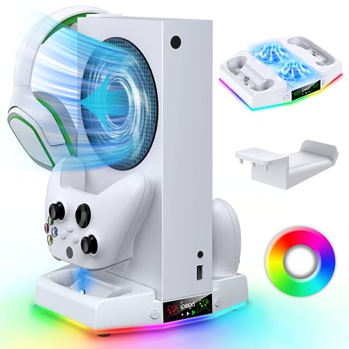 Upgraded Cooling Fan Stand for Xbox Series S with Charger Station, MENEEA Controller Charging Dock & Console Cooler System with 15 Colorful RGB Light & Headset Hook, Xbox Accessories for Xbox Series S