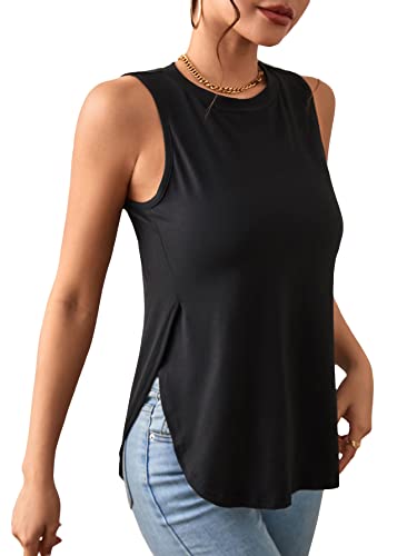 SOLY HUX Women's Sleeveless Split Curved Hem Tank Top Round Neck Casual Summer Tops Solid Black L