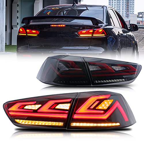 GRANDLOP LED Smoked Tail Lights For Mitsubishi Lancer & Lance EVO X 2008-2017 Start-Up Animation Rear Lamps Sequential Indicator Assembly