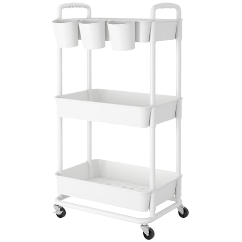 JIUYOTREE 3-Tier Plastic Rolling Storage Cart Utility Cart with Extra Hanging Cups Handles Lockable Wheels for Living Room Bathroom Kitchen Office White