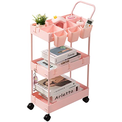 danpinera Slim Storage Cart, 3 Tier Narrow Rolling Cart on Wheels Bathroom Organizer Cart with Dividers Handle Hanging Cups Hooks for Laundry Room Kitchen Small Spaces, Pink