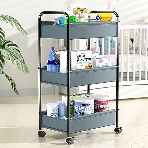 3 Tier Rolling Cart, YASONIC Storage Cart with Handle and Lockable Wheels, Multifunctional Utility Diaper Cart with Skin-Friendly Fabric, Easy Assembly, for Kids Room, Nursery Room, Classroom (Gray)