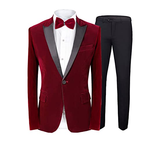 MAGE MALE Men's Velvet 2 Piece Suit Peak Lapel One Button Slim Fit Tuxedo Blazer Party Dinner Jacket & Pants