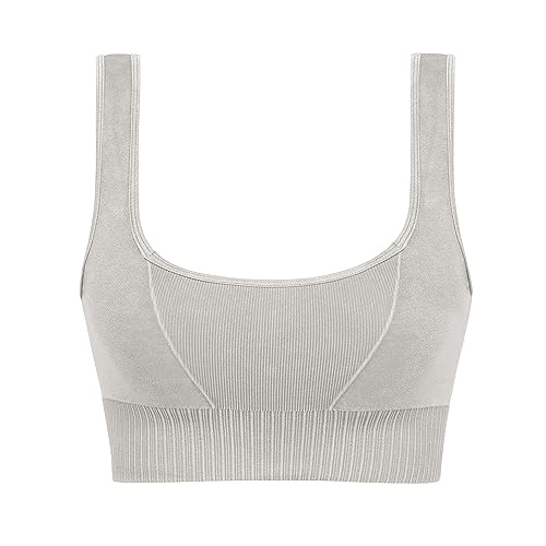 ODODOS Seamless Square Neck Sports Bra for Women Ribbed Crop Tank Casual Low Back Cropped Tops, Stone Washing Grey, X-Small/Small