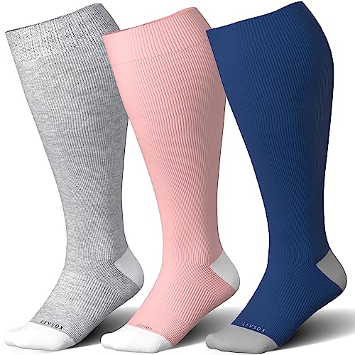 LEVSOX Wide Calf Bamboo Viscose Compression Socks for Women Plus Size Pregnancy Cute Fun 15-20mmHg Knee High Extra Large Support Socks for Nurse, Medical, Travel, Pink, Grey, Navy