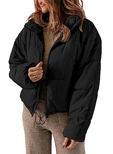 Dokotoo Puffer Jacket Womens Winter Casual Quilted Jackets Fashion Fall Full Zip Up Long Sleeve Drop Shoulder Oversized Stand Collar Padded Coats Baggy Warm Outerwear with Pockets Black Large