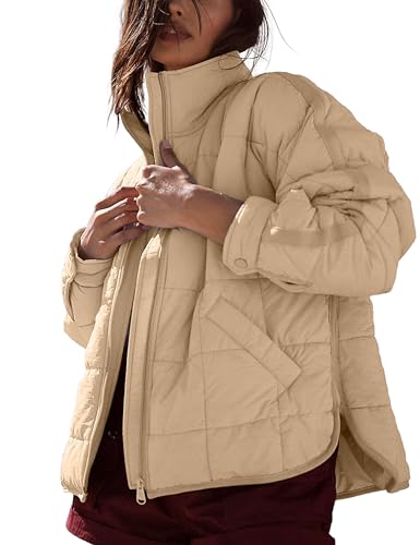 Omoone Women's Quilted Puffer Jacket Zip Up Oversized Lightweight Padded Down Coat Outerwear(3877-Khaki-M)