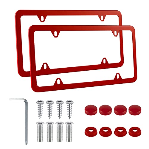 Alpmosn 2PCS Stainless Steel License Plate Frames, 4 Holes Car Licence Plate Covers with Screws Washers and Caps, Car Exterior Accessories, License Plate Holder for US Vehicles (Red)