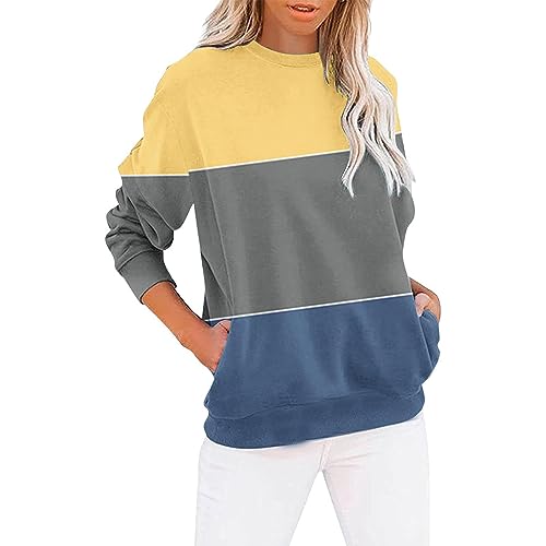 Cyber Of Monday Deals 2023 Women's Casual Long Sleeve Shirts Color Block/Solid Blouses Crewneck Sweatshirts Cute Loose Fit Pullovers Tops With Pockets Black Of Friday Deals Today