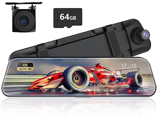 KQQ 4K/2.5K Mirror Dash Cam Front and Rear with 64G Sd Card,10" IPS Touch Screen Rear View Mirror Camera para Carro Dual Dash Camera for Cars Camera,170Wide Angle,Revers Assistance,Park Monitor,60HZ