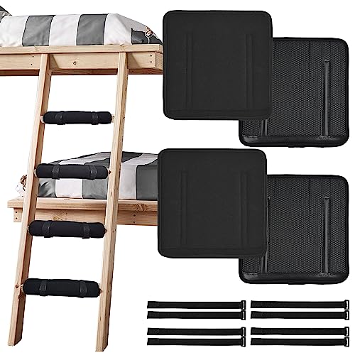 Amerbro 4 Pcs Soft Bunk Bed Ladder Pads - Comfortable Polyester Bed Ladder Cover with Anti Slip Dots on Bottom - 8 Strong Velcro Adjustable Straps - 10 x 10 inBlack