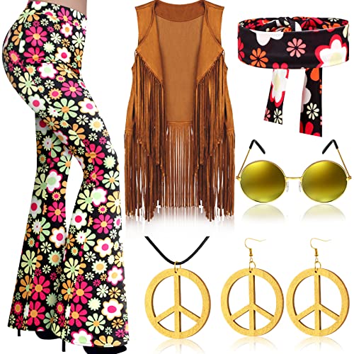 Haull 7 Pcs 60s 70s Outfits for Women Hippie Costume Set Boho Flared Pants Fringe Vest Peace Sign Accessories Set (Flower,Large)