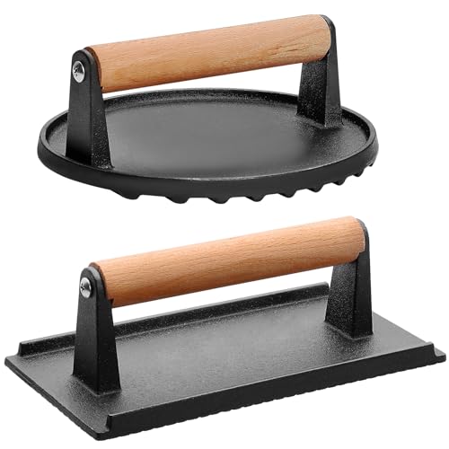 CEKEE 2PCS Burger Press, 7" Round & 8.2"X4.3" Rectangle, Heavy-Duty Cast Iron Grill Press with Wood Handle, Smash Burger Bacon Press Perfects for Blackstone Griddle, Flat Tops, Grills, Camp, Chef