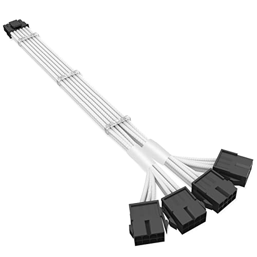 SYBECHATF RTX 4090 4080 4070TI 16Pin(12+4) to 4x8Pin PCI-E 5.0 Sleeved Extension Cable,12Pin to 4x8Pin Compatible 4090 4080 4070TI Series and RTX3090ti,14inch with Cable Combs (16AWG/White)