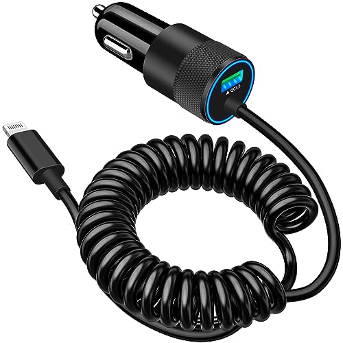 [Apple MFi Certified] iPhone Car Charger Fast Charging, Braveridge 66W USB-C Dual PD&QC3.0 Power Rapid Car Charger with Built-in 6FT Coiled Lightning Cord for iPhone 14 13 12 11 Pro/XS Max/XR/X 8/iPad