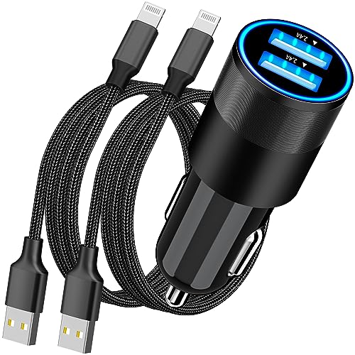 [Apple MFi Certified] iPhone Fast Car Charger, Rombica 4.8A Dual USB Power Car Rapid Charging + 2 Pack Lightning to USB Cable Quick Car Charge for iPhone 14 13 12 11 Pro/XS Max/XR/SE/X 8/iPad/AirPods