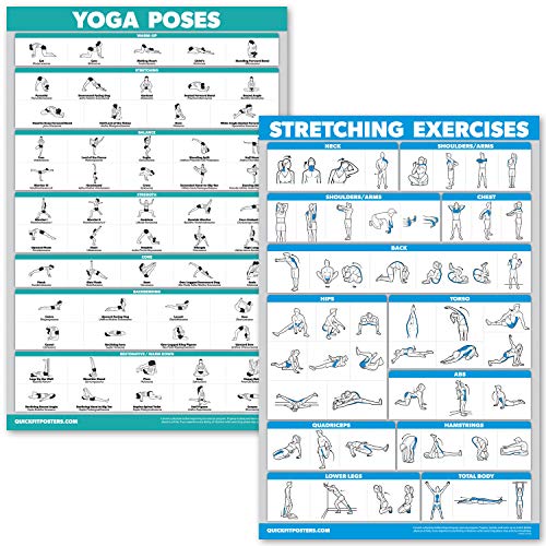 QuickFit Yoga Poses and Stretching Exercise Poster Set - Laminated 2 Chart Set - Yoga Positions & Stretching Workouts (18" x 27")