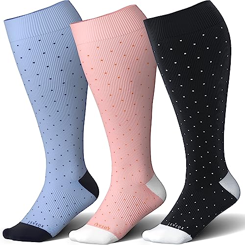 LEVSOX Wide Calf Bamboo Viscose Compression Socks for Women Plus Size Pregnancy Cute Fun 15-20mmHg Knee High Extra Large Support Socks for Nurse, Medical, Travel, PolkaDots