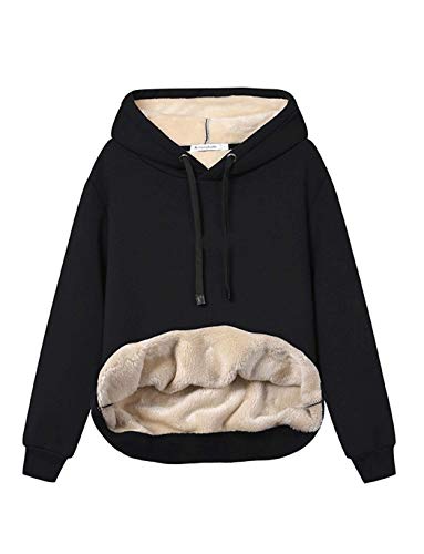 Haellun Womens Casual Winter Warm Fleece Sherpa Lined Pullover Hooded Sweatshirt (Black, X-Large)