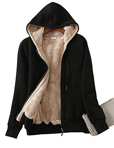 Yeokou Women's Casual Full Zip Up Sherpa Lined Hoodie Sweatshirt Jacket Coat (Large, Black)