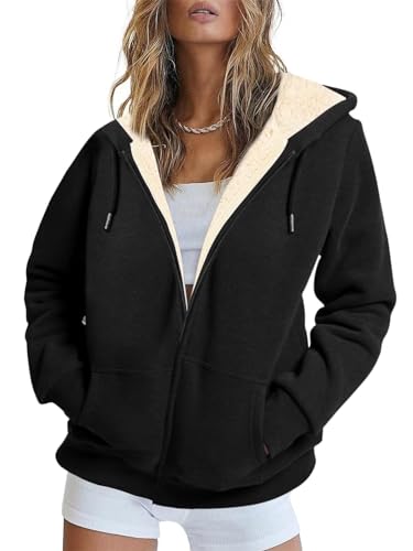 BWQ Womens Fleece Hoodies Zip Up Casual Lined hoodies for Winter Black