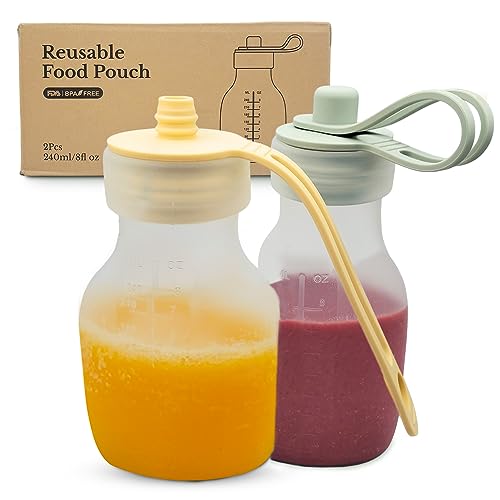 Renew Rations Silicone Reusable Pouches for Toddlers, Refillable BPA-Free Baby Food Pouches, Freezer & Dishwasher Safe - Ideal for Baby food Puree, Applesauce & Smoothies 240 ml / 8 oz - Pack of 2