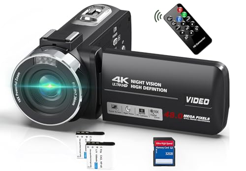 Video Camera Camcorder 4K 48MP 30FPS with IR Night Vision,18X Digital Zoom Camera Recorder 3.0" LCD Touch Screen Vlogging Camera for YouTube with Remote Controller, 2 Batteries, 32GB SD Card