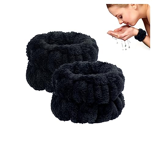 2pcs Women's Wristlet Towels for Washing Face Flannel Wrist SPA Wash Towel Water Cuff Face Washing Absorbent Wristbands Wrist Sweatband for Girls Prevent Water from Spilling Down Your Arm (Black)
