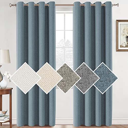 100% Blackout Curtains Linen Texture Curtains for Bedroom Nursery Thermal Insulated Curtains for Living Room Grommet Top Neutral Curtains with Double Linen Face 2 Panels, 52" x 96", Stone Blue