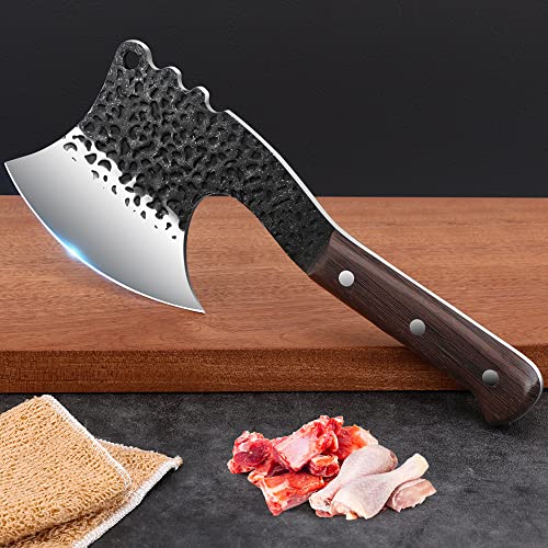 Handmade Meat Cleaver Axes Shape Forged Heavy Duty High Carbon Butcher Knife Boning Breaker Vegetable Butcher Chopper Cutting Chef Knife with Cover for Kitchen Outdoor BBQ (Black)