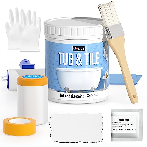 DWIL Tile Paint, Tub and Tile Refinishing Kit with Tools, Tub Refinishing Kit White Bathtub Paint Water Based &Low Odor, Easy to Use Sink Paint for Bathroom Kitchen, Semi-Gloss White, 25-30sq.ft