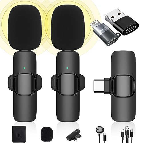 Wireless Lavalier Microphone Compatible with iPhone/iPad/Android Phone/Laptop, IUMAKEVP Plug-Play Lapel Clip-On Mic with Noise Reduction for Video Recording/Live Steam/Interview/TikTok/YouTube(2 Mics)