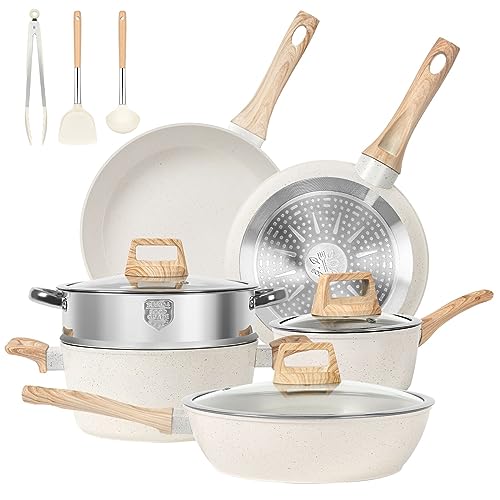 SODAY Pots and Pans Set Non Stick, 12 Pcs Kitchen Cookware Sets Induction Cookware Granite Cooking Set with PFOS & PFOA Free Frying Pans, Saucepans, Steamer Silicone Shovel Spoon & Tongs (White)