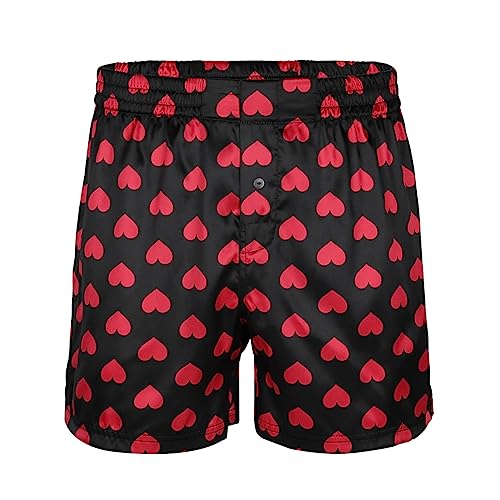 ACSUSS Men's Frilly Satin Boxers Shorts Silk Summer Bottom Lounge Underwear for Valentines Day Heart Print Black Large