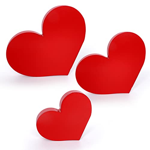 Whaline 3Pcs Valentine's Day Heart Wood Sign 3 Size Red Heart Shape Table Centerpiece Self- Standing Romantic Sweet Style Wooden Tiered Tray Decor for Valentine Wedding Home Party Decoration