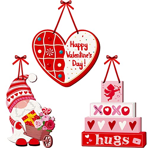 3 Pieces Valentine's Day Wooden Sign Love Wood Hanging Sign Heart Gnome Wood Wall Plaque Valentine's Day Door Sign Hanging Decorations for Window Door Wall Decor