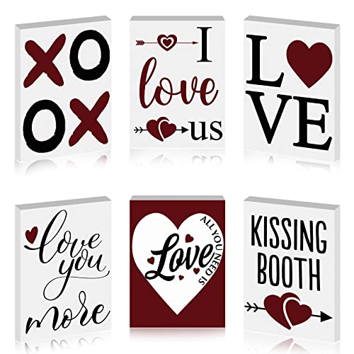 6 Pieces Valentine Mini Wood Signs with Sayings Wooden XOXO Sign Love Tabletop Sign Love You More Rustic Decorative Sign Heart Valentine's Day Decor Wood Blocks for Home Table, 3.5 x 2.5 x 0.47 Inches