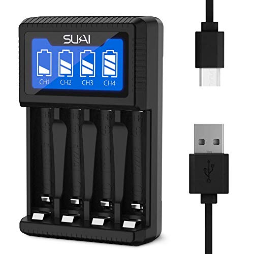 SUKAI 4 Bay AA AAA Battery Charger, USB High-Speed Charging, Independent Slot, for Ni-MH Ni-CD Rechargeable AA AAA Batteries, No Adapter