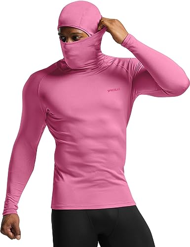 TSLA Men's Thermal Compression Shirts Hoodie with Mask, Long Sleeve Winter Sports Base Layer Top, Active Running Shirt, Heatlock Hoodie Pink, Large