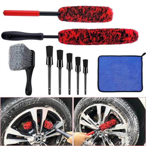 Latamil 9Pcs Wheel Tire Brush Set, Wheel Brushes for Cleaning Wheels Tire Rim, Soft Wheel Cleaner Brush, Bendable & Durable Car Wheel Rim Detailing Brush for Cleaning Spokes, Fenders, Engines