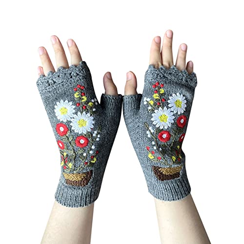 Women Flower Embroidery Knitted Gloves Handmade Winter Warm Gloves Fingerless Typing Mittens (Gray, One Size)