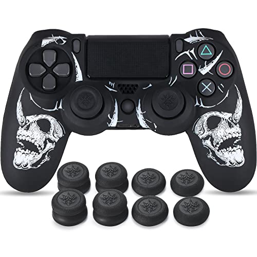 YoRHa Laser Carving Silicone Skin for PS4 Controller x 1(Skulls White) with Exclusive Thumb Grips x 8