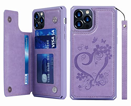 iCoverCase for iPhone 12 Pro Max Phone Case Wallet with Card Holder, iPhone 12 Pro Max Case Women with Strap [RFID Blocking] Embossed Leather Kickstand Shockproof Case 6.7 Inch (Heart Purple)