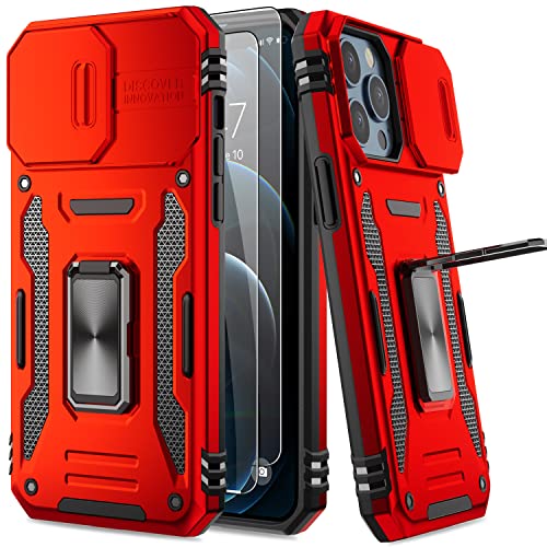 AUPAI iPhone 12 Pro Max Heavy Duty Military Grade Case with Camera Cover, Screen Protector & Kickstand - Red