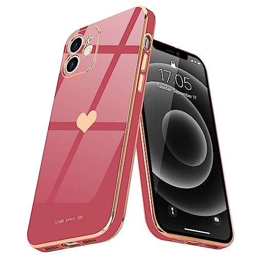 Teageo Compatible with iPhone 12 Case for Women Girl Cute Love-Heart Luxury Bling Soft Back Cover Raised Full Camera Protection Bumper Silicone Shockproof Phone Case for iPhone 12, Bright Blush