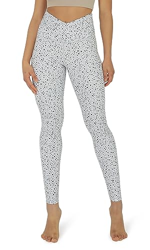 ODODOS Women's Cross Waist Full Length Yoga Leggings with Inner Pocket, Inseam 28" Gathered Crossover Workout Yoga Pants, Dalmatian, Medium