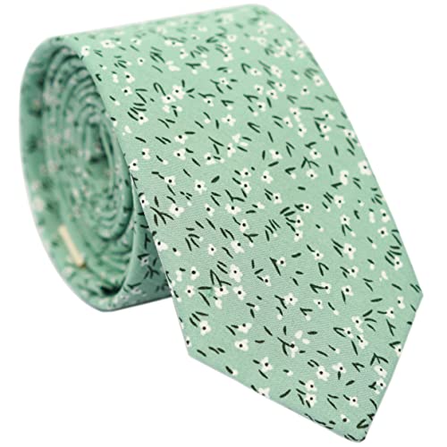 BELLUNO Floral Skinny Tie for Men, Slim Flower Tie for Wedding, Activities, Gift Box-Green Sage