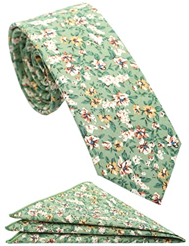 ZENXUS Floral Tie for Men, Cotton Skinny Flower Necktie with Pocket Square Set, Jade Green