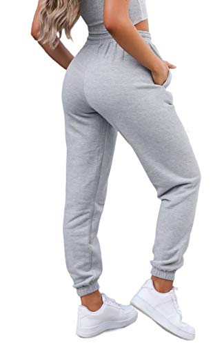 Waitfairy Womens High Waisted Sweatpants Drawstring Jogger Pants Loungewear Bottom Light Grey L