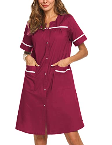 Ekouaer Housecoat for Elderly Women Soft Cotton Nightgown Short Sleeve Mumu Dress Nightwear with Pockets(Wine Red,XXXL)